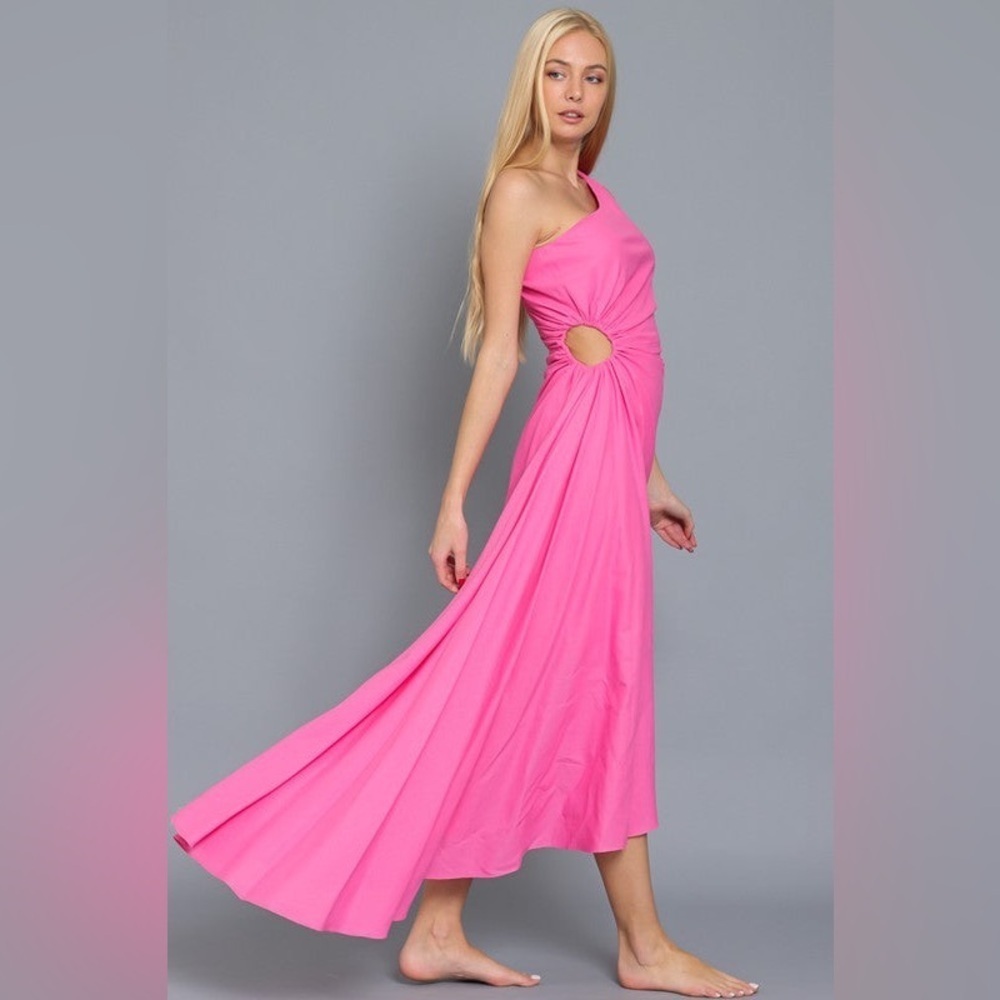 Aakaa Women's Small Bubblegum Pink One Shoulder Asymmetric Gown Linen Cut Out - Picture 2 of 16